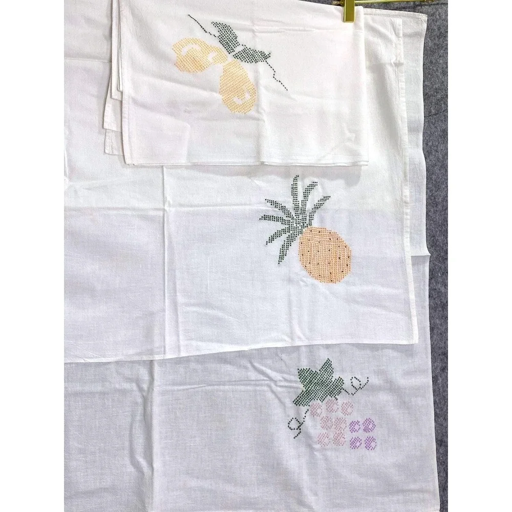 Vintage Fruit Cross-Stitch‎ Linens Set Grapes Pineapple Lemon Embroidery
